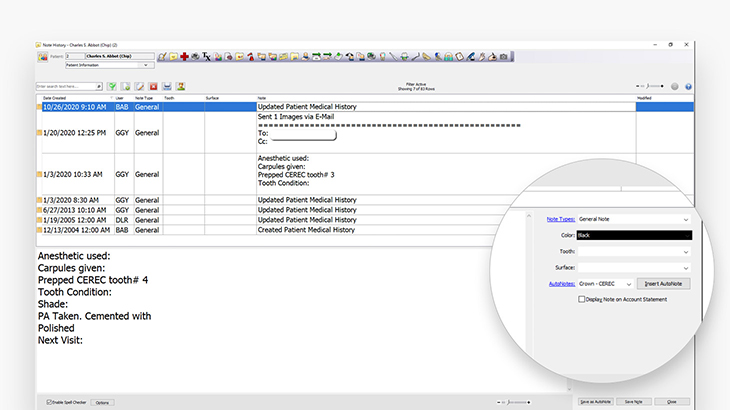 Screenshot of Eaglesoft dental practice management software showing smart clinical notes