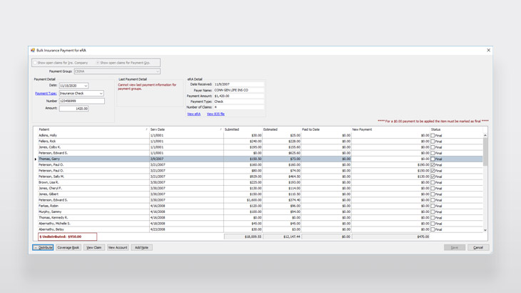 Screenshot of Eaglesoft Insurance Suite processing bulk insurance payments