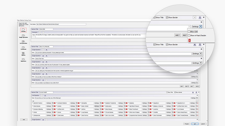 Screenshot of Eaglesoft dental practice management software showing a customized health history form