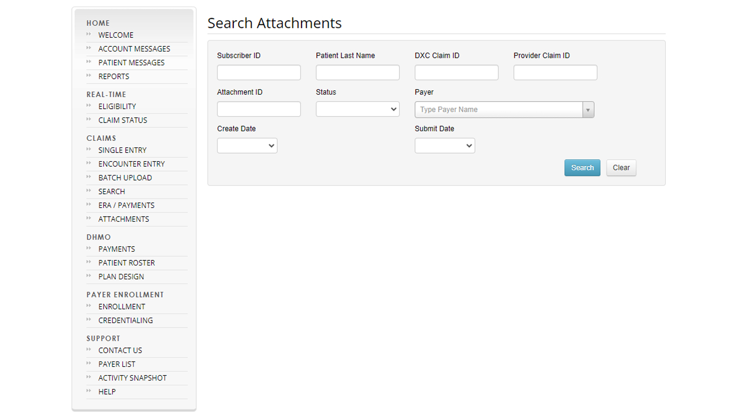 Search Attachments screen