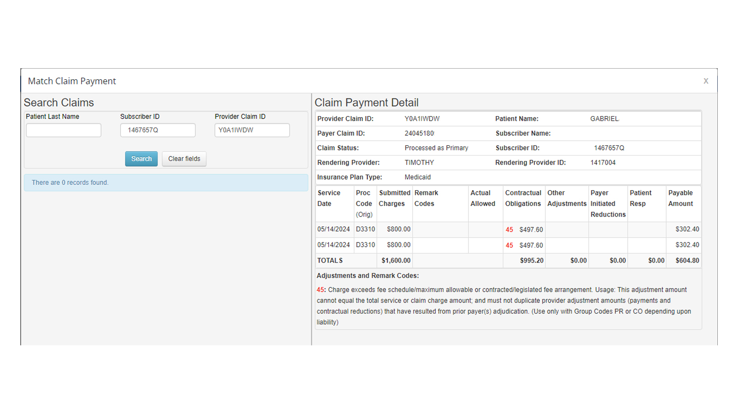 Match Claim Payment screen