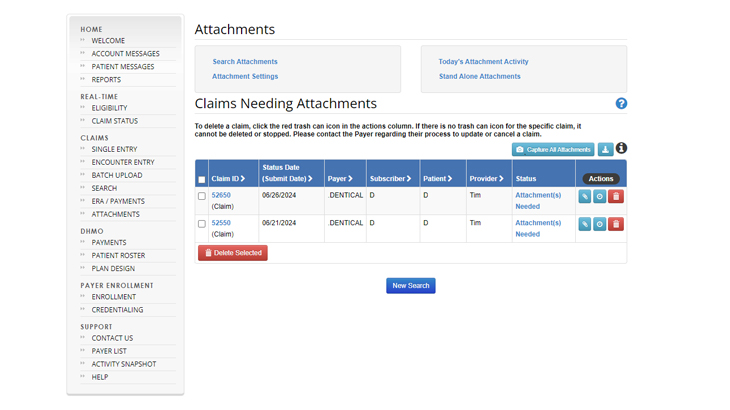 Attachments screen