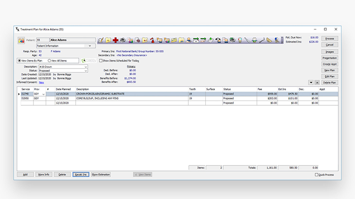 Screenshot of Eaglesoft dental practice management software showing financial & insurance coverage estimates in treatment plan