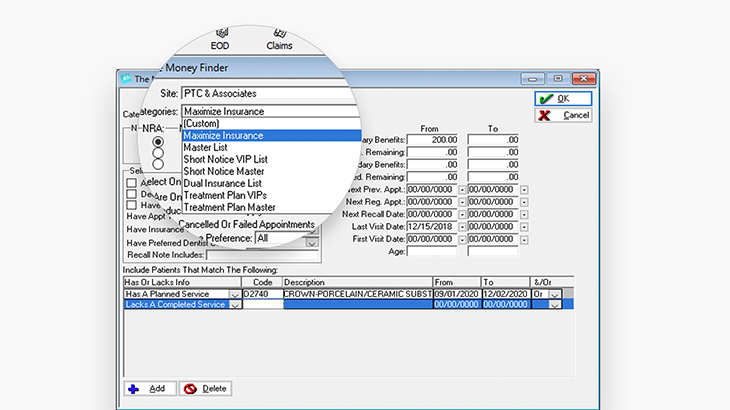 Screenshot of Eaglesoft dental practice management software showing applied filters