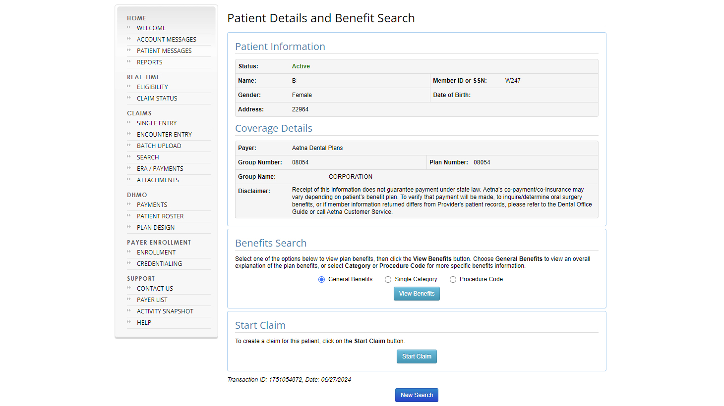 Patient Details and Benefit Search screen