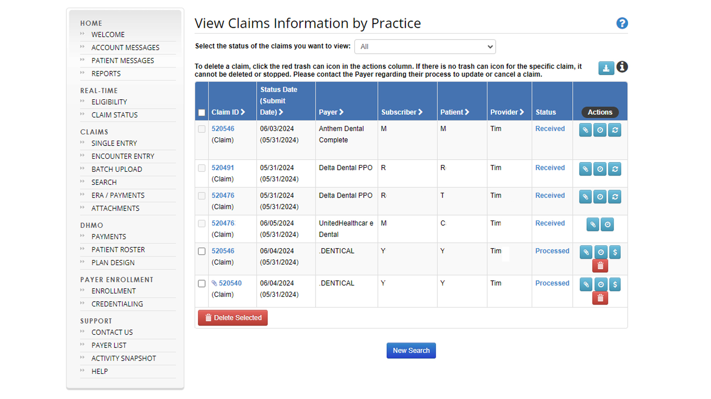 Claim search results in a table format