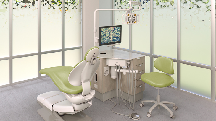 A-dec Inspire 397 cabinet with 311 dental chair and 421 doctor stool