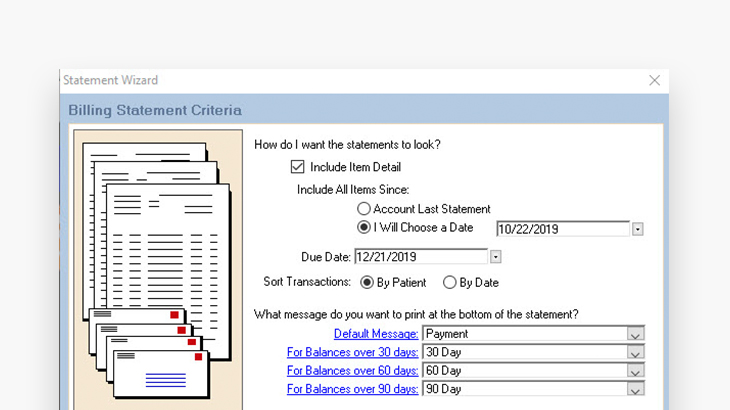 Screenshot of Eaglesoft eStatements showing billing statement criteria