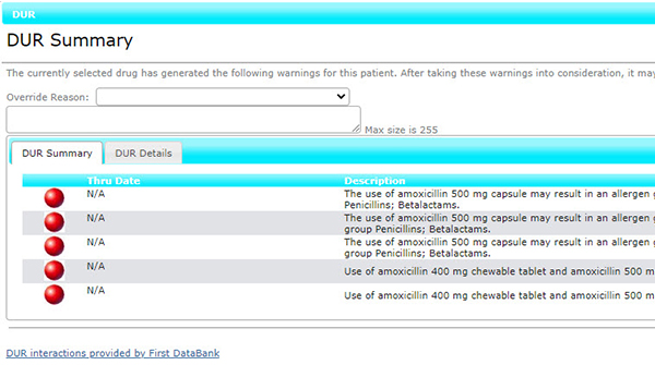 Eaglesoft esprescriptions screenshot showing DUR warnings