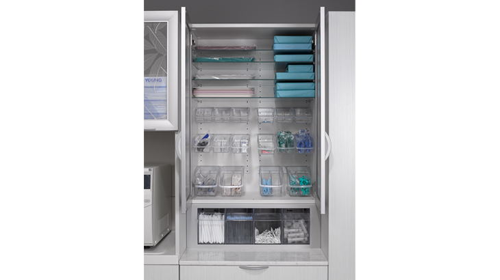 Upper storage of the A-dec Inspire 500 dental cabinet