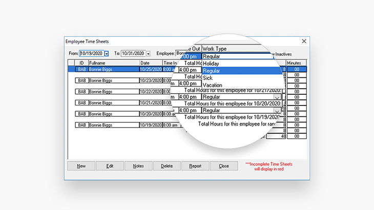 Screenshot of Eaglesoft dental practice management software showing the tracking of team hours and PTO