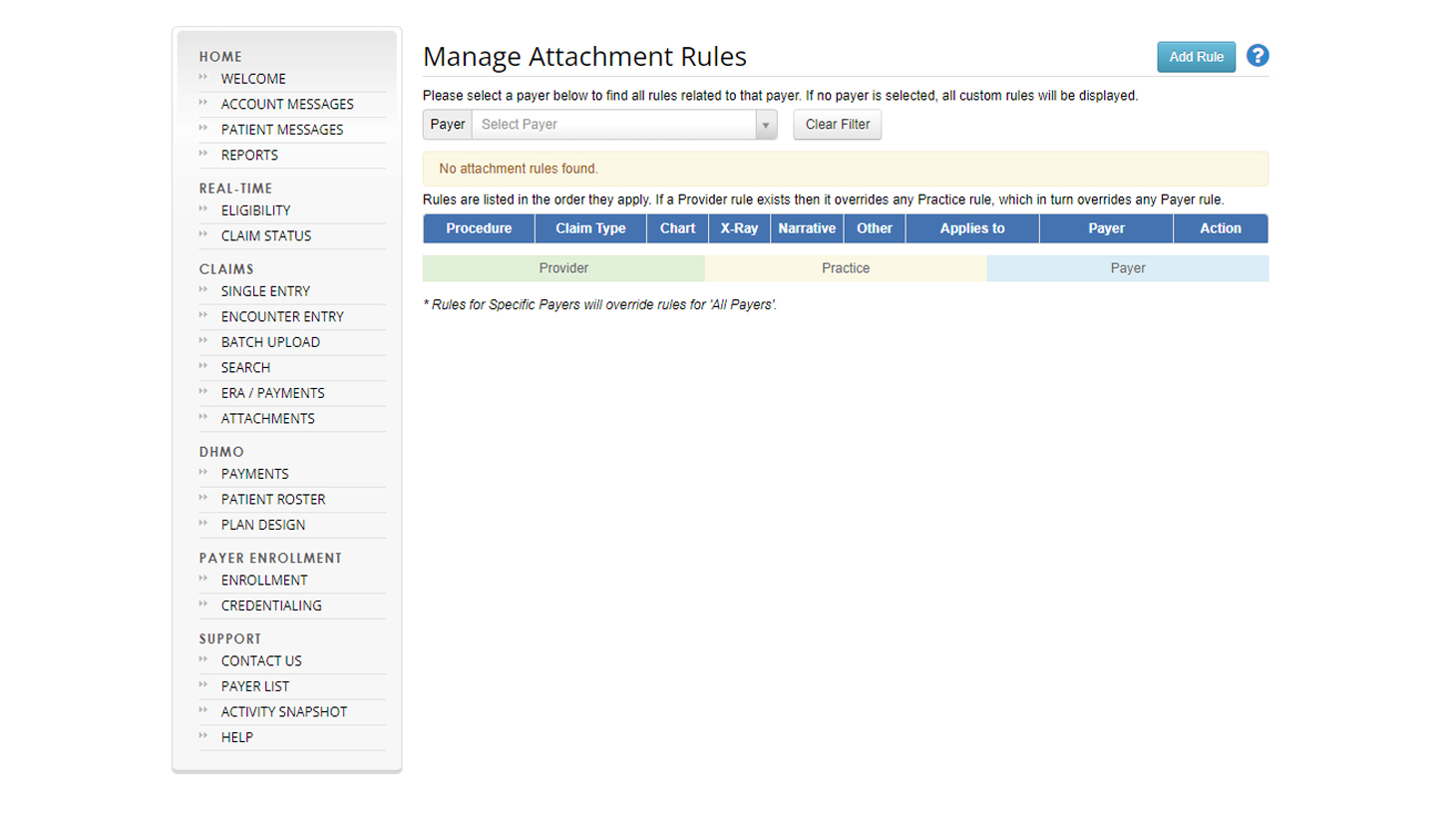 Manage Attachment Rules screen