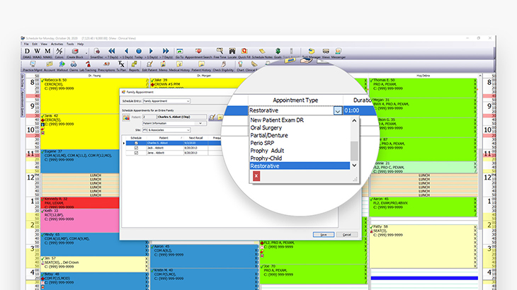 Screenshot of Eaglesoft dental practice management software showing the scheduling feature