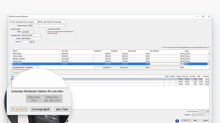 Screenshot of Eaglesoft dental practice management software showing bulk insurance payments