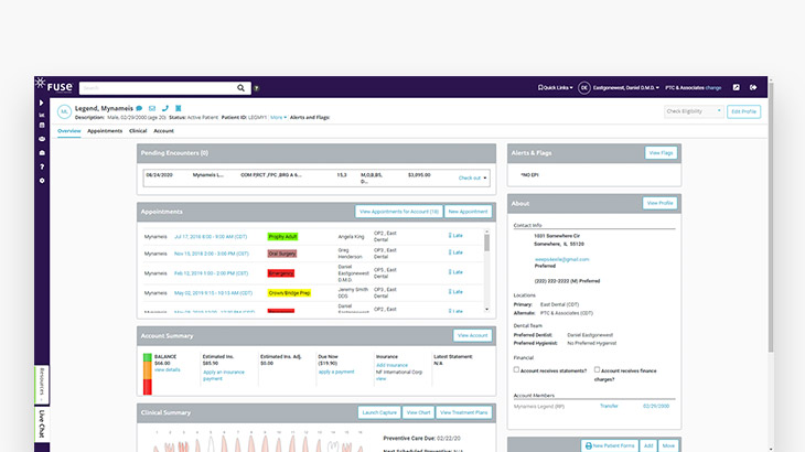 Screenshot of Fuse dental practice management software showing the management of an entire patient account