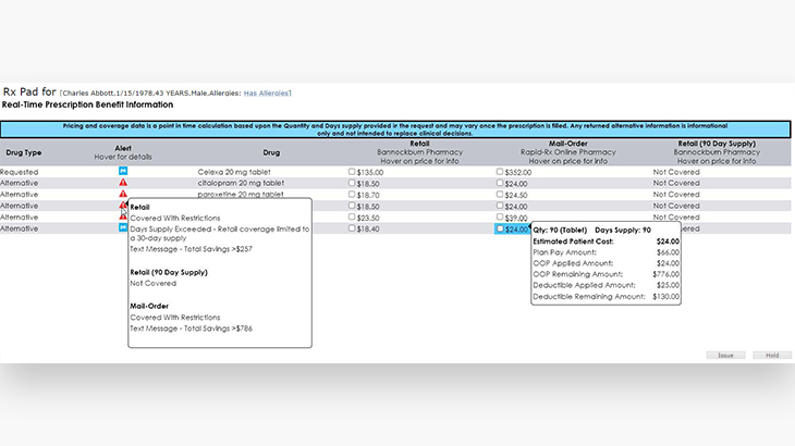 Screenshot showing the real-time prescription benefits feature of Eaglesoft ePrescriptions