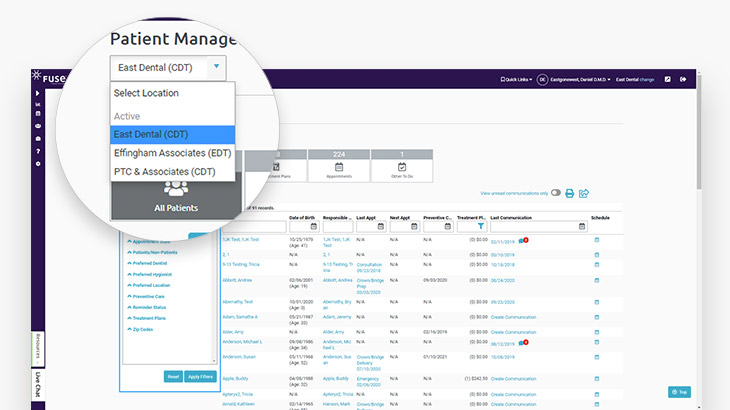 Screenshot of Fuse dental practice management software showing the patient management smart screen 