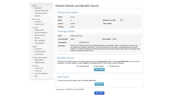 Patient details and benefits search screen