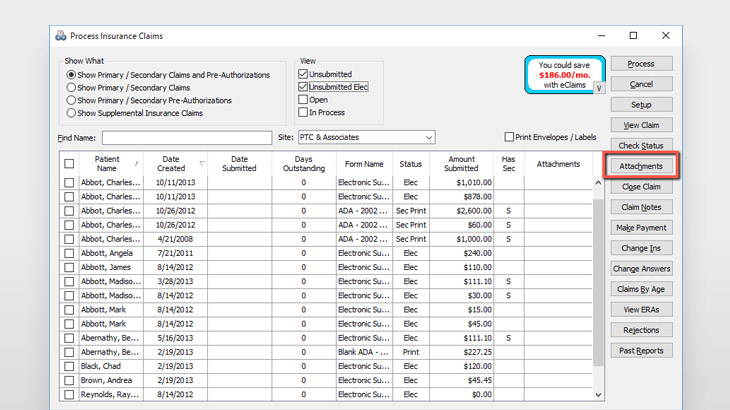 Screenshot of Eaglesoft Insurance Suite tracking electronic attachments