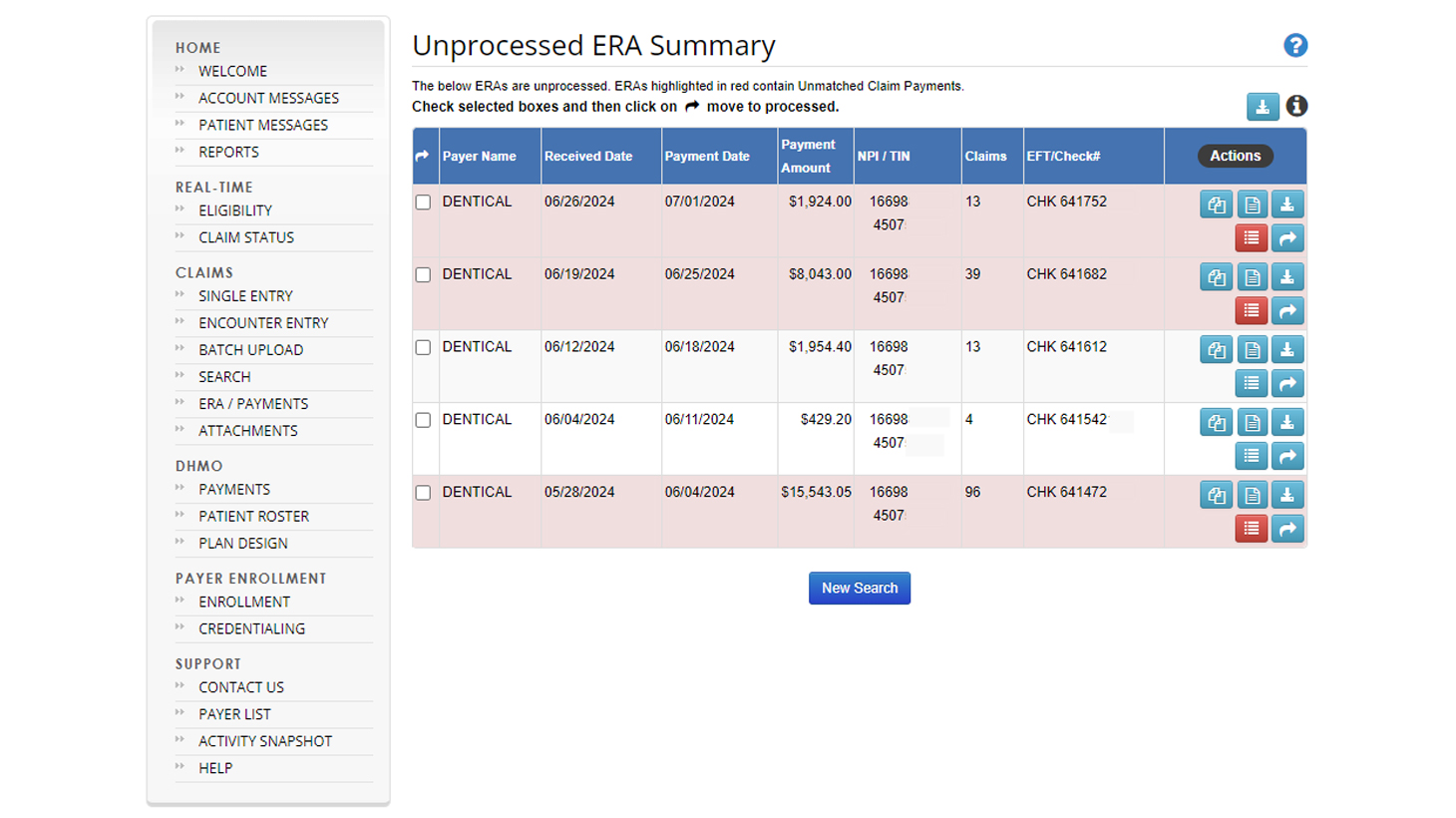 Unprocessed ERA Summary reports screen