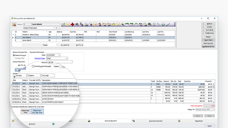 Screenshot of Eaglesoft dental practice management software showing how to apply a payment directly to a specific line item 