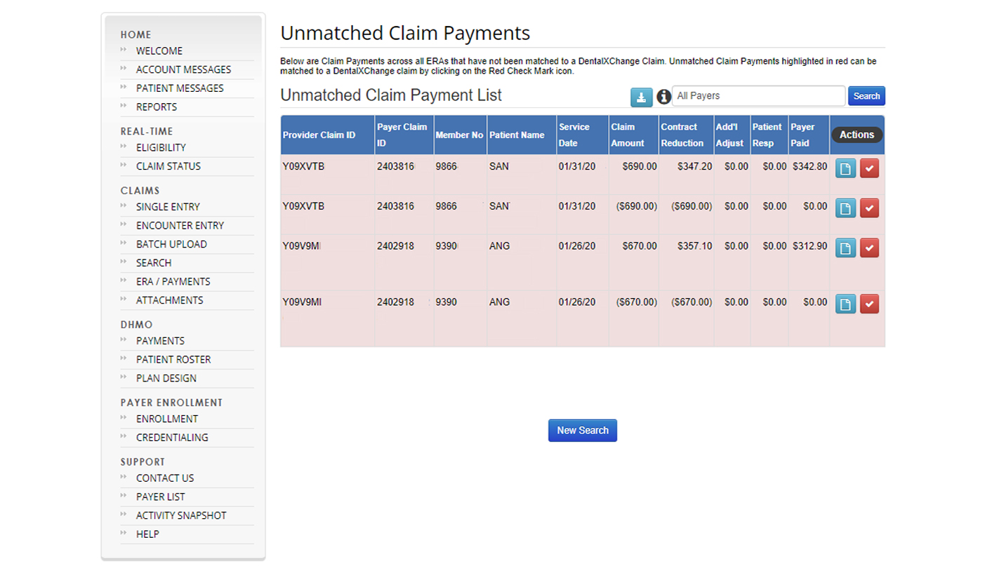 Unmatched Claim Payments screen