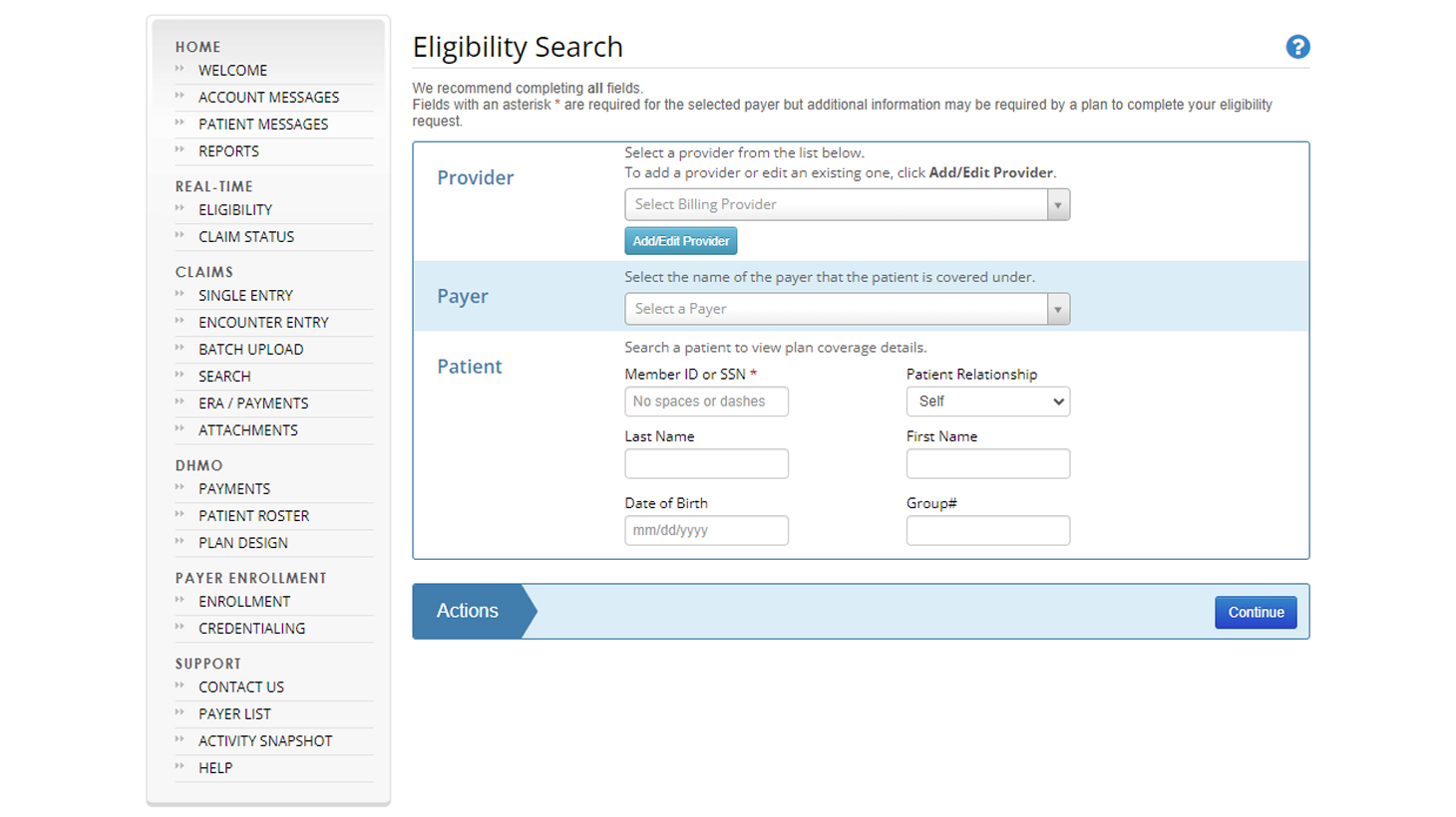 Eligibility Search screen