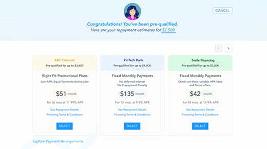CarePay+ screenshot showing options for dental patient financing