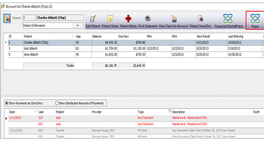 Eaglesoft screenshot showing the patient account screen 