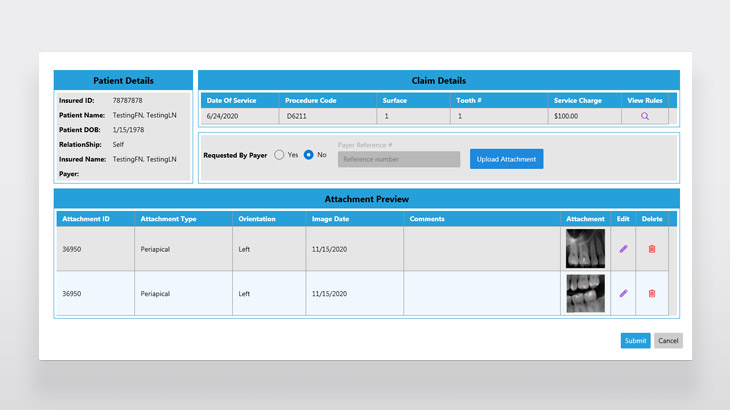 Screenshot of Eaglesoft Insurance Suite with attached X-rays, perio charts and more