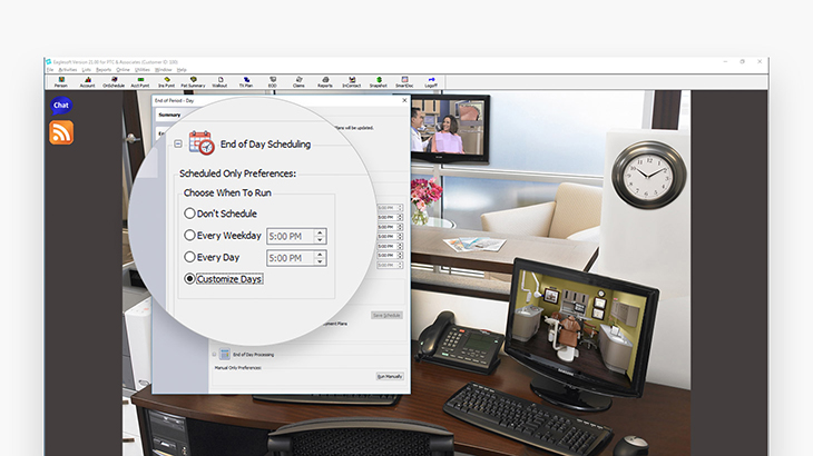 Screenshot of Eaglesoft dental practice management software showing the end of period processing feature