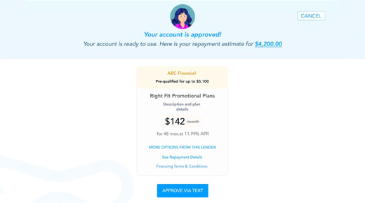 CarePay+ screenshot showing options for dental patient financing