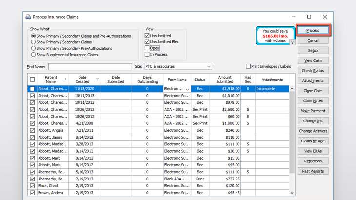 Screenshot of Eaglesoft Insurance Suite showing electronic claims